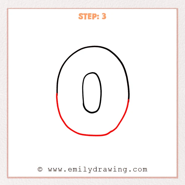 how to draw a bubble letter o - Step 3 of how to draw a bubble letter O completes the thick outer outline by curving down both sides and connecting them with a rounded bottom arc.